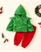 Toddler Kids Christmas Costume Green Hodded Xmas Sweatshit and Pants 2pcs Suit for Party School Performance