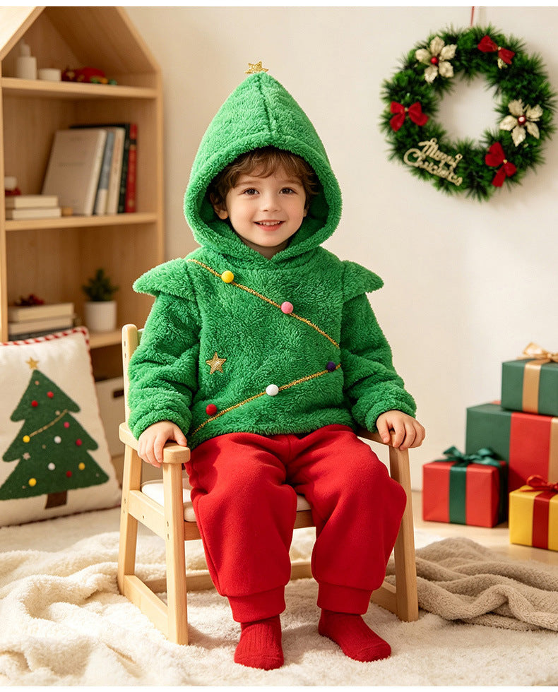 Toddler Kids Christmas Costume Green Hodded Xmas Sweatshit and Pants 2pcs Suit for Party School Performance