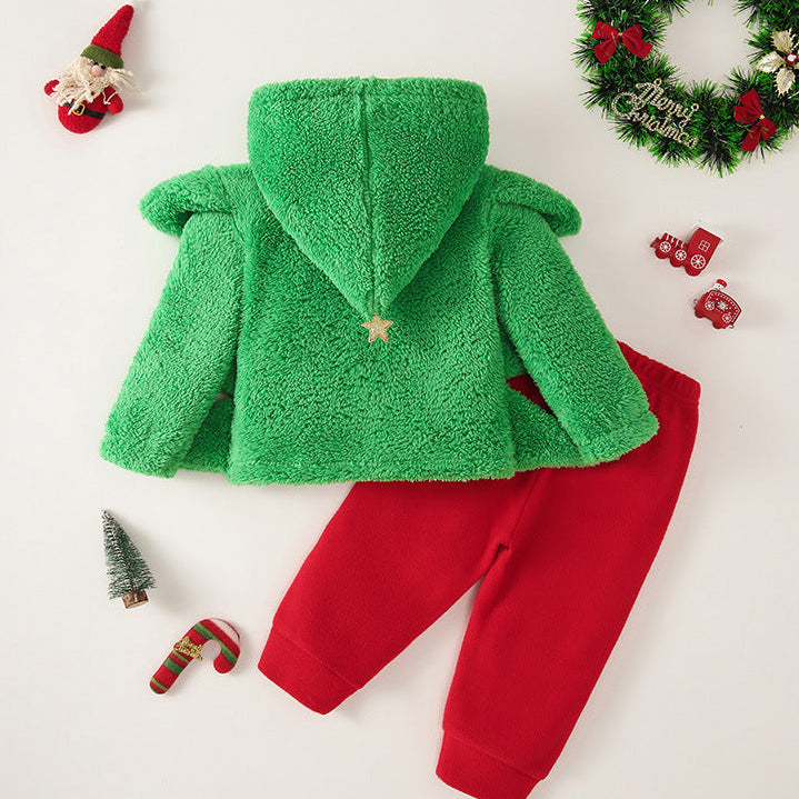 Toddler Kids Christmas Costume Green Hodded Xmas Sweatshit and Pants 2pcs Suit for Party School Performance