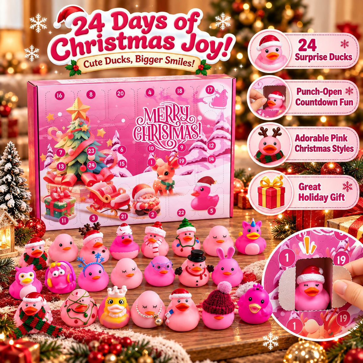 Christmas Advent Calendar Countdown Blind Box with Floating Bath Squeeze Rubber Ducks for Toddler and Kids