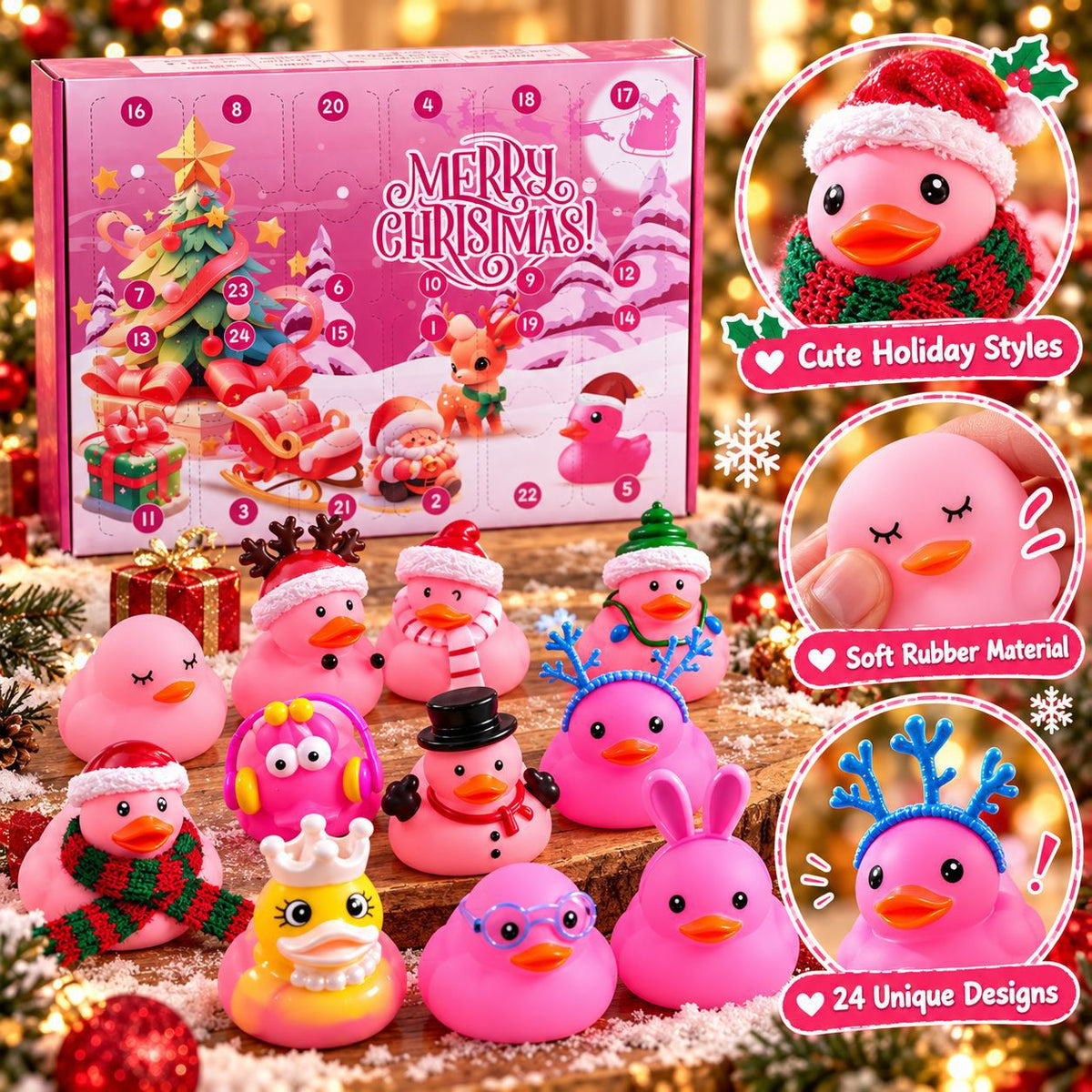 Christmas Advent Calendar Countdown Blind Box with Floating Bath Squeeze Rubber Ducks for Toddler and Kids