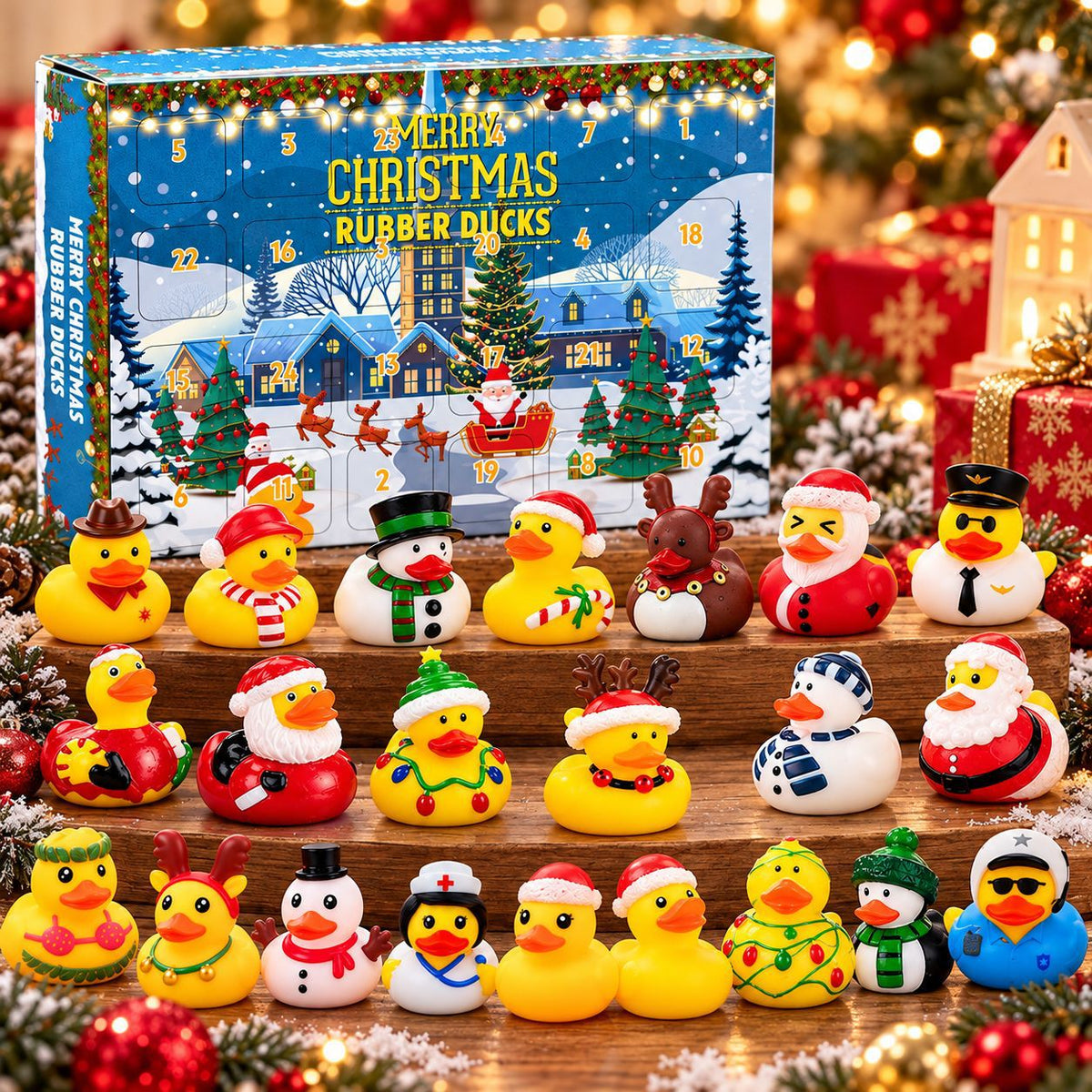 Christmas Advent Calendar Countdown Blind Box with Floating Bath Squeeze Rubber Ducks for Toddler and Kids