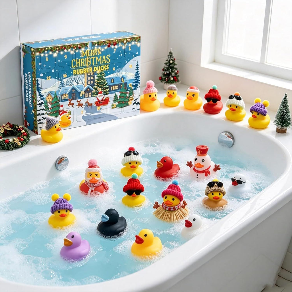 Christmas Advent Calendar Countdown Blind Box with Floating Bath Squeeze Rubber Ducks for Toddler and Kids