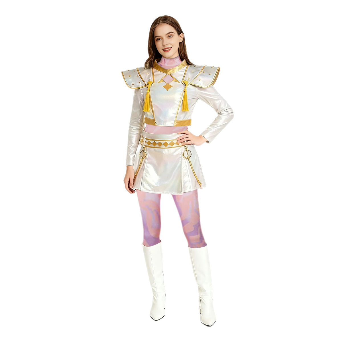 Pop Idol Costume White PU Leather Outfit Stage Performance Dress for Halloween Cosplay