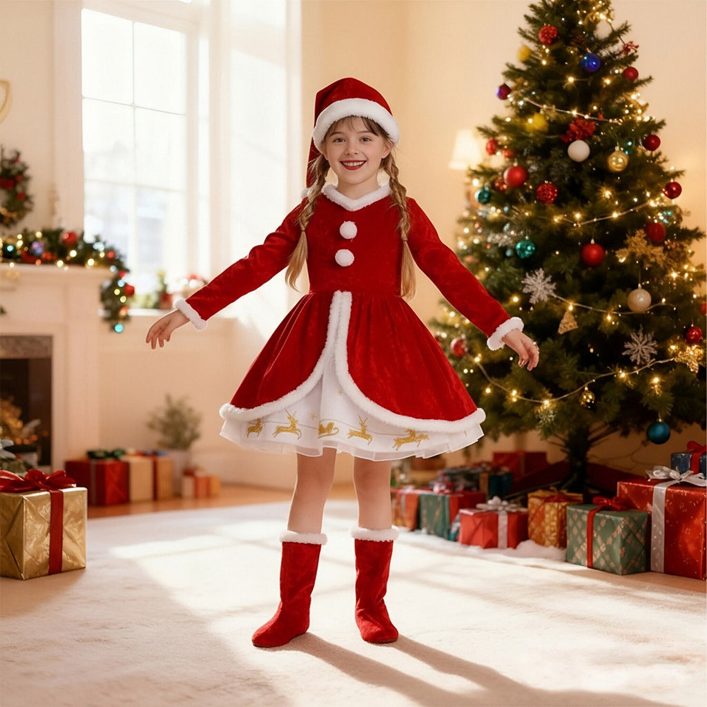 Girls Christmas Dress Soft Velvet Santa Costume Holiday Long Sleeve Party Outfit