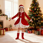 Girls Christmas Dress Soft Velvet Santa Costume Holiday Long Sleeve Party Outfit