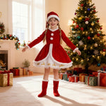 Girls Christmas Dress Soft Velvet Santa Costume Holiday Long Sleeve Party Outfit