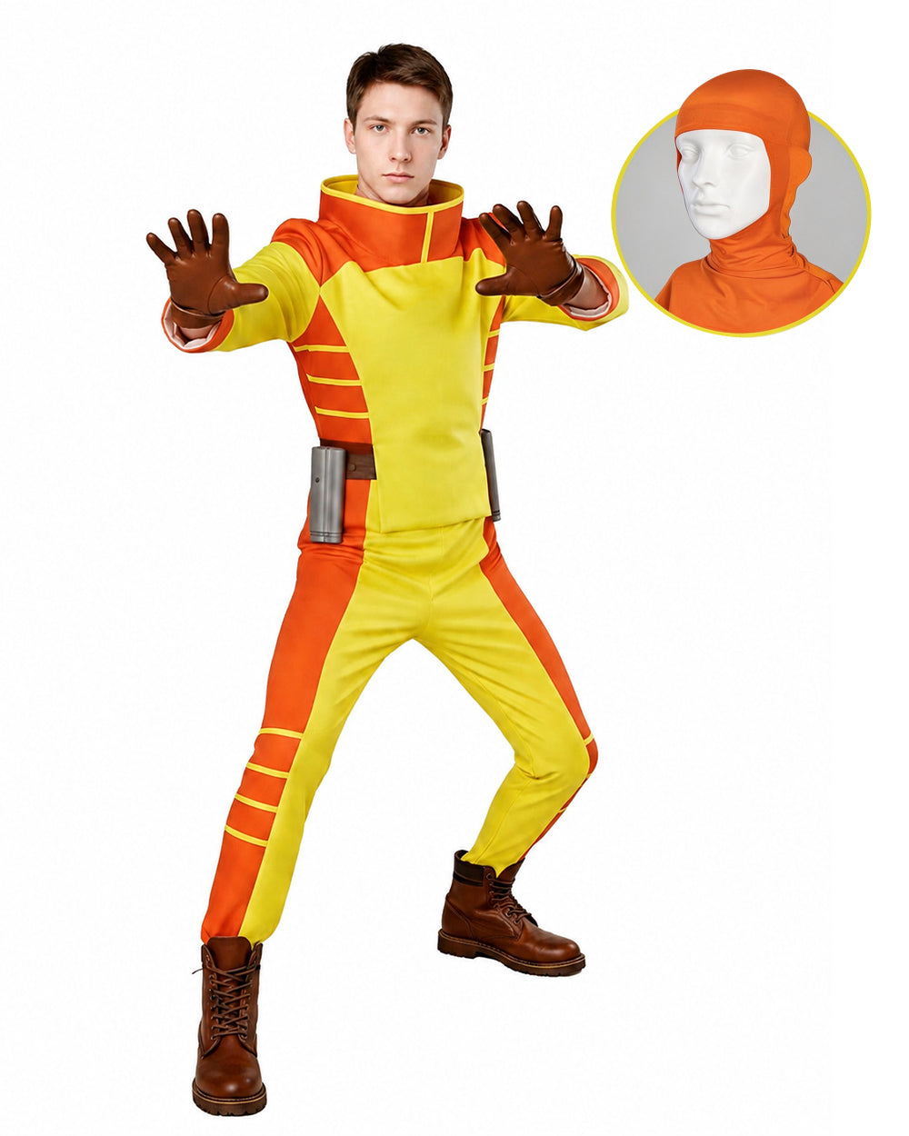 Mens Exploding Hero Costume Yellow Jumpsuit with Helmet and Accessories for Halloween Cosplay