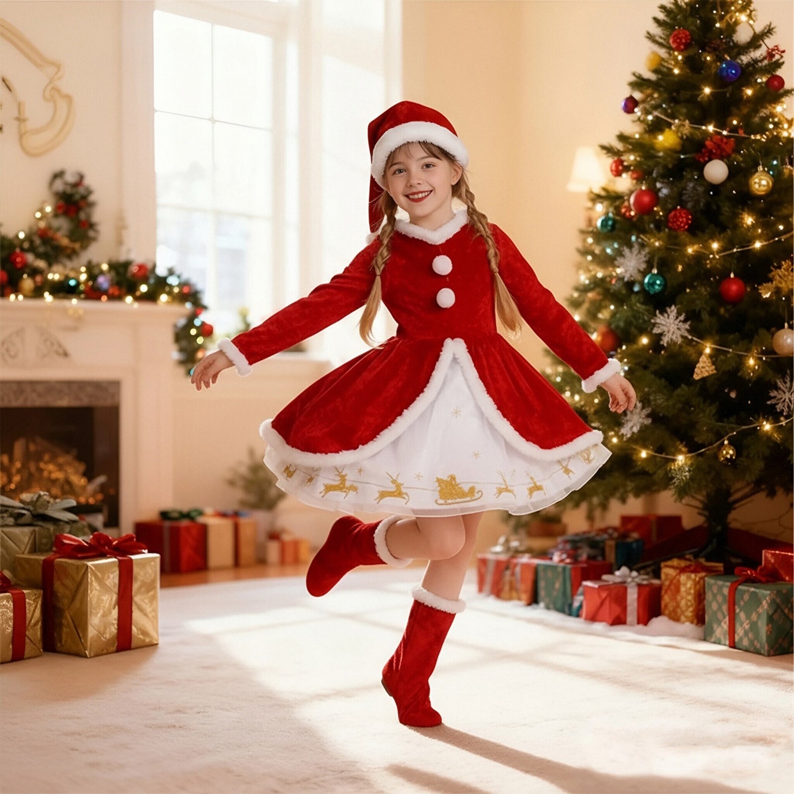Girls Christmas Dress Soft Velvet Santa Costume Holiday Long Sleeve Party Outfit