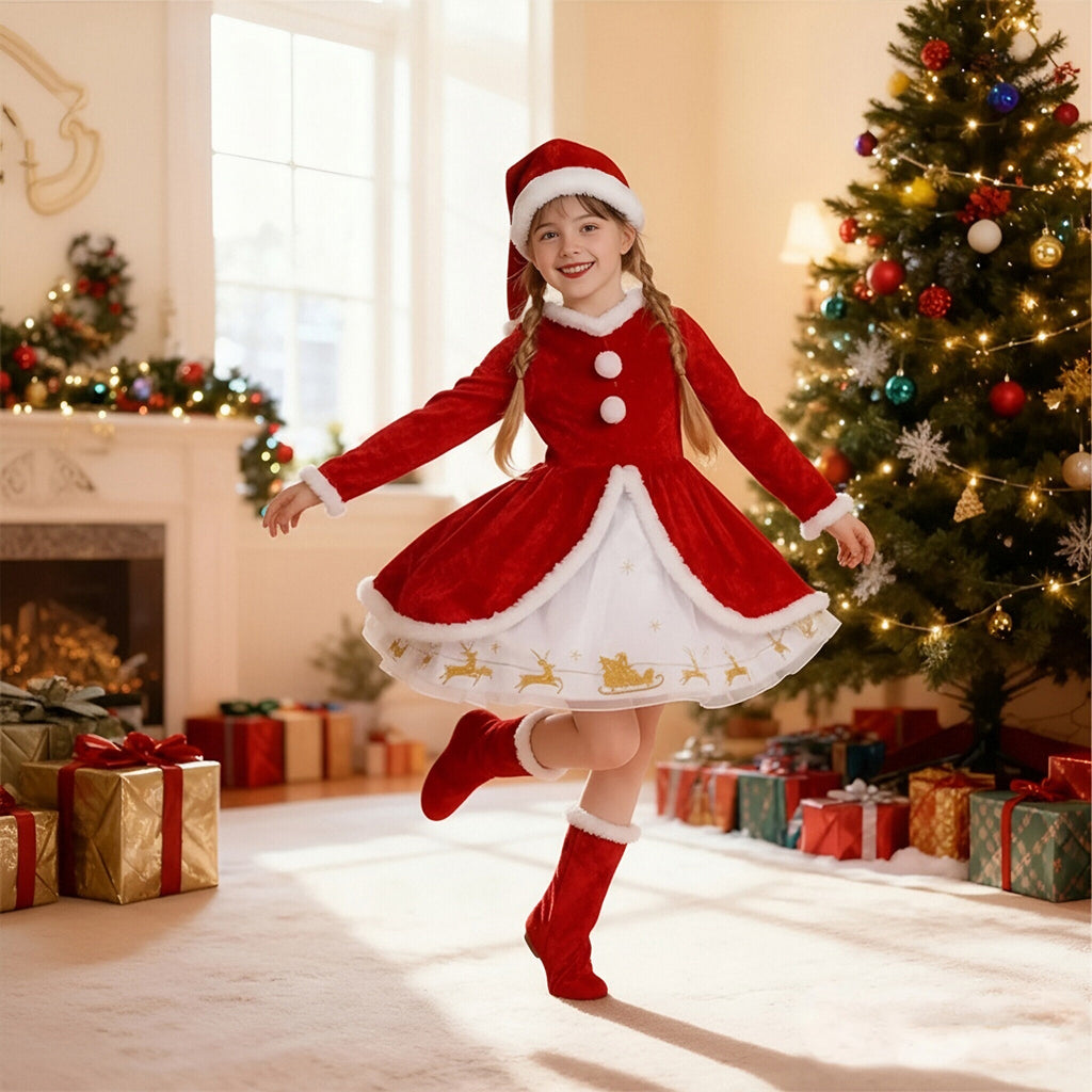 Girls Christmas Dress Soft Velvet Santa Costume Holiday Long Sleeve Party Outfit