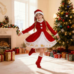 Girls Christmas Dress Soft Velvet Santa Costume Holiday Long Sleeve Party Outfit