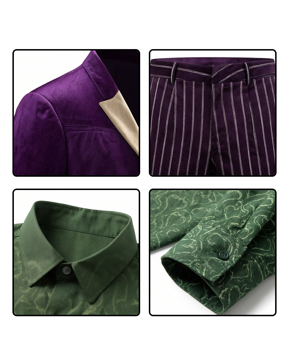 Men's Joker Costume Purple Clown Tuxedo with Shirt and Pants for Cosplay Carnival Events