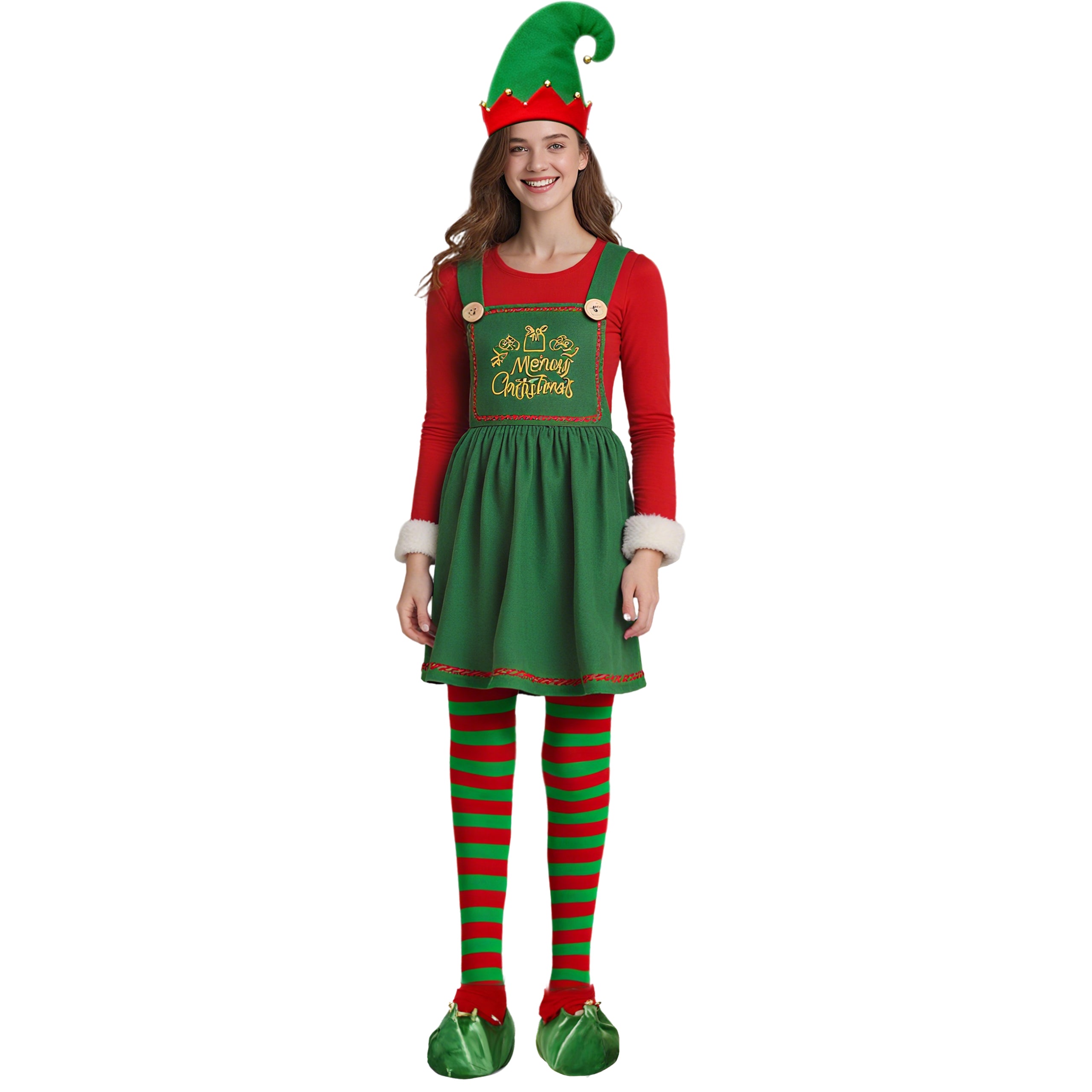 Elf Costume Cute Xmas Dress Hat Socks and Shoes 4pcs Suit Christmas Outfit for Kids Adults