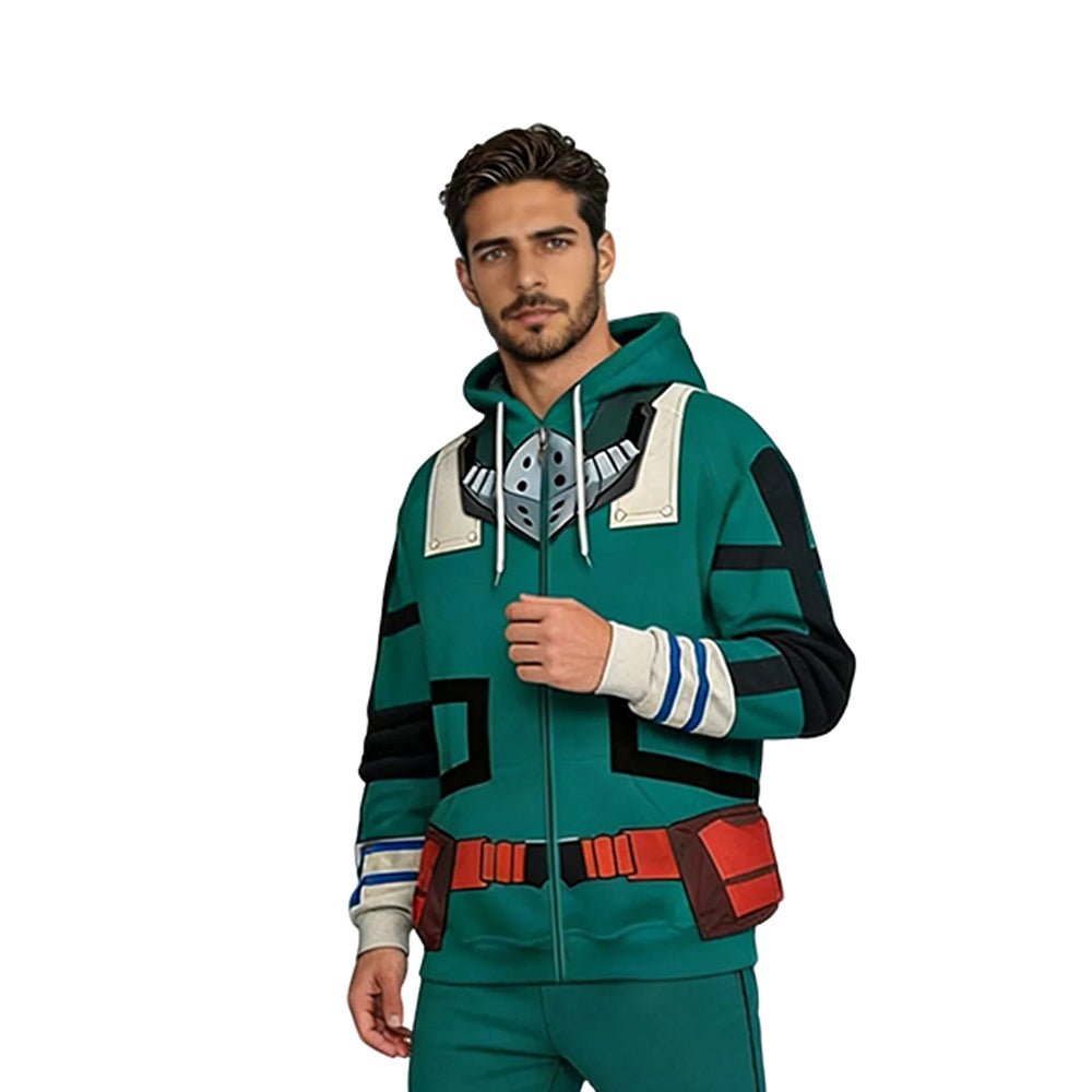 Adult Deku Costume Green Zip-up Sweatshirt and Pants Hero Deku Outift with Plus Size