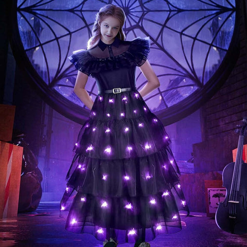 how did the light dress up for a costume party Girls Wednesday Glowing Black Halloween L – Sun Baby Size:8-16 Style:64875D Linen Midi Dress 'Beckie',