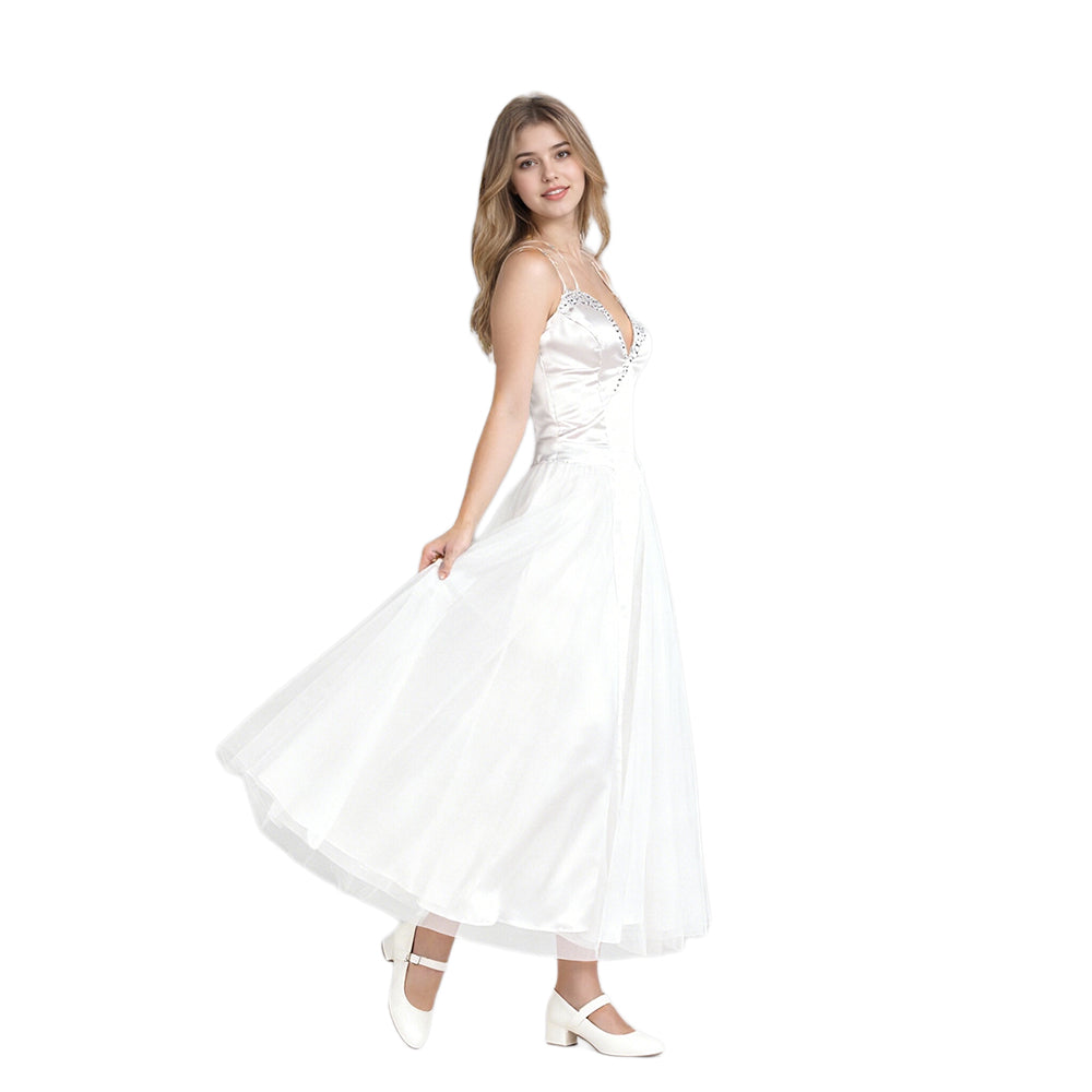 Wedding Princess Dress Adult White Witch Costume Satin Bridal Gown with Crystal Bodice and Tiara