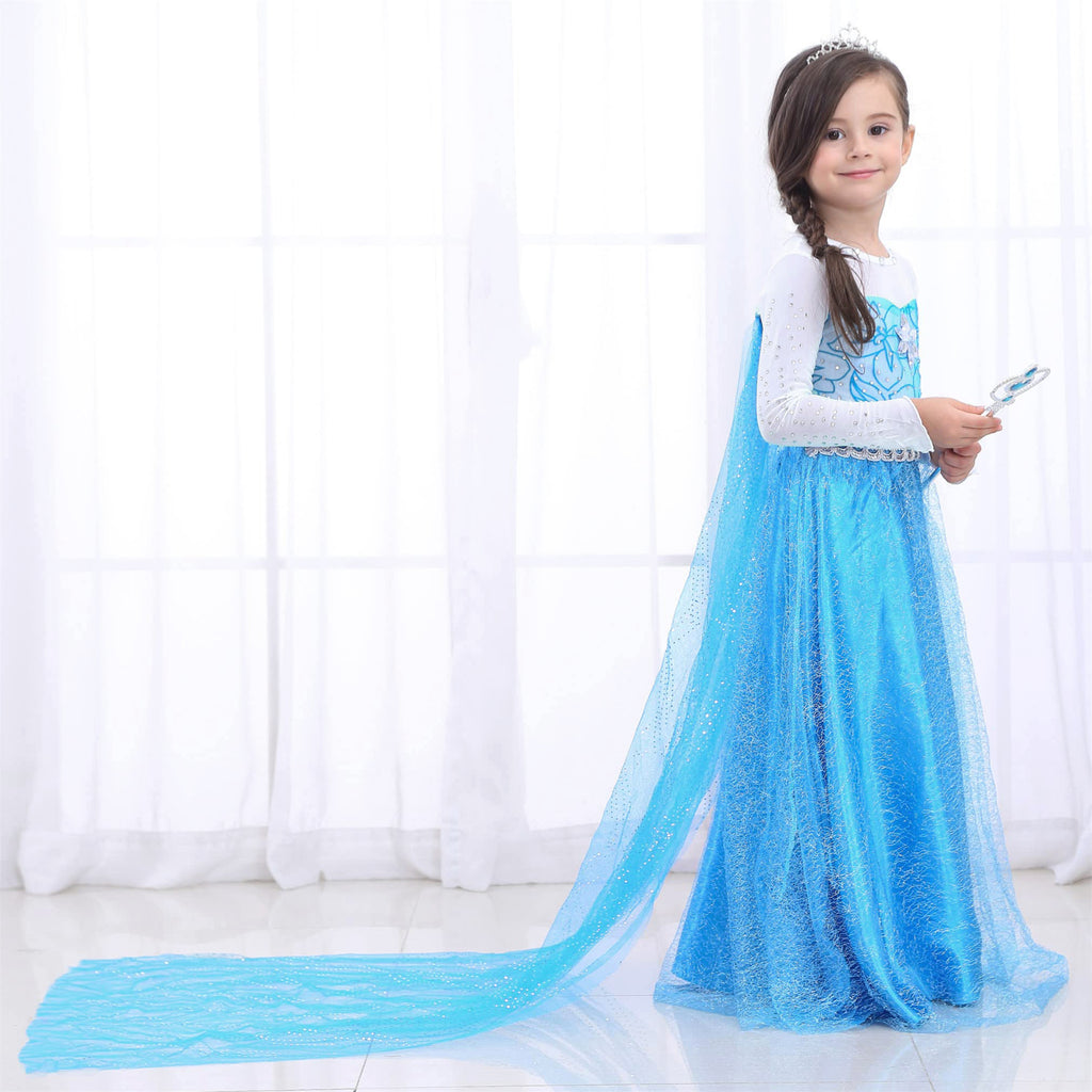 Kids Elsa Princess Dress and Accessories Snow Queen Cosplay Party Princess Dress with Long Cape