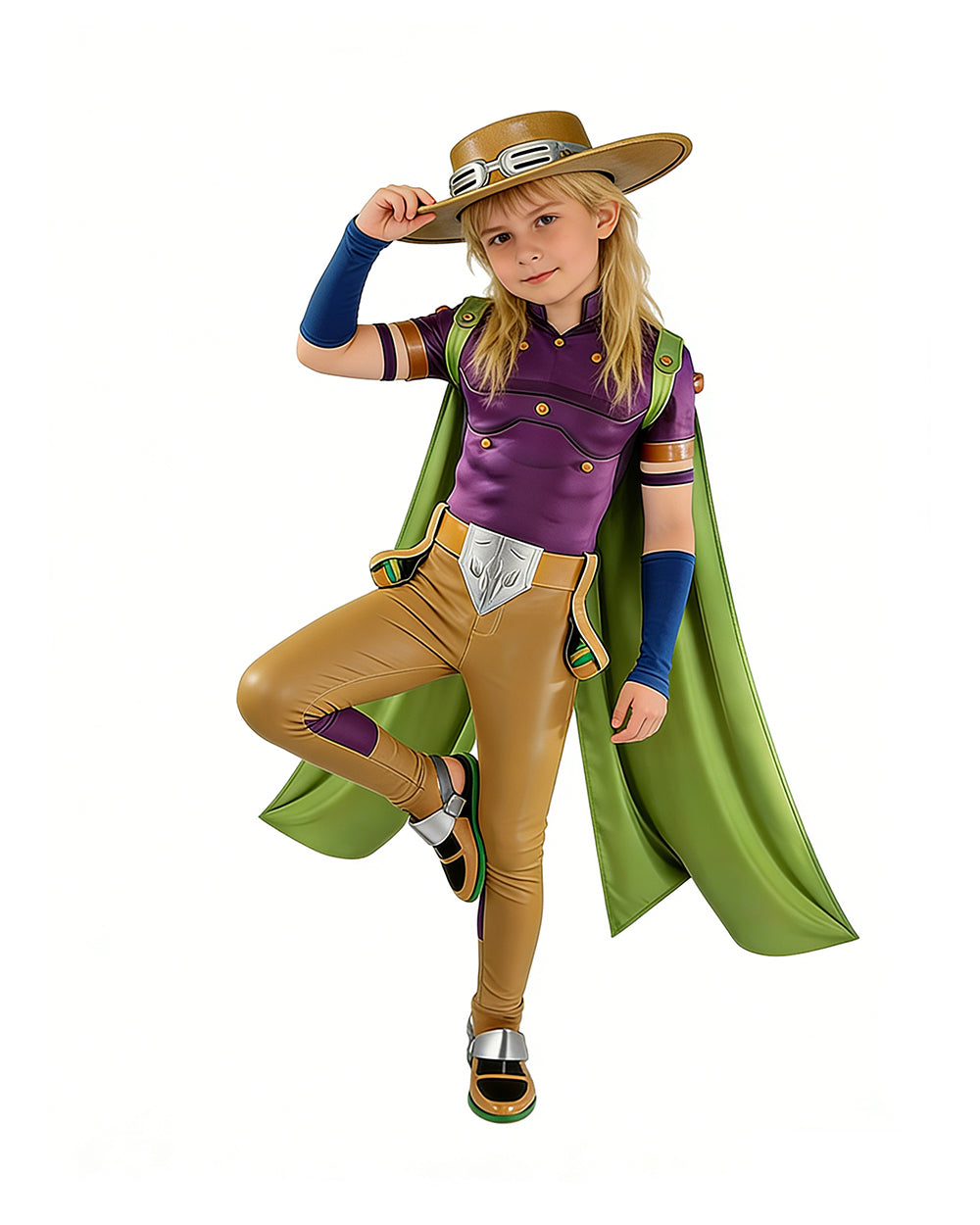 JJBA Spin Master Costume Purple Top with Green Cloak Pants and Hat for Cosplay Events