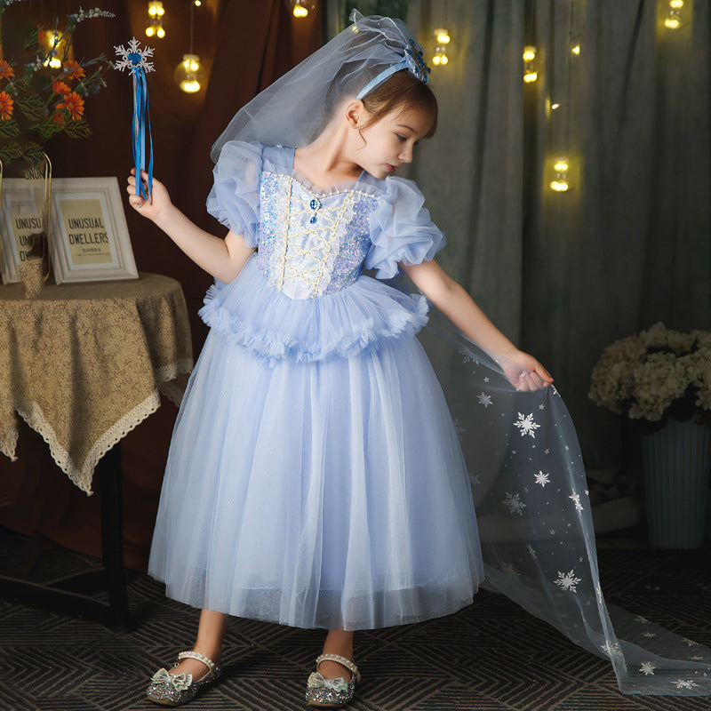 Kids Elsa Dress Light Up Princess Dress with Trailing Cape Ice Queen Glowing Elsa Costume