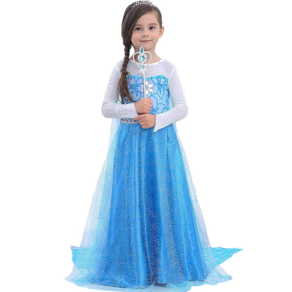 Kids Elsa Princess Dress and Accessories Snow Queen Cosplay Party Princess Dress with Long Cape