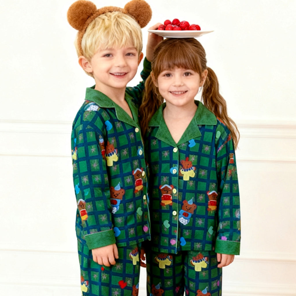 Kids Christmas Pajamas Unisex Green Long Sleeve Button Down Loungewear Plaid Xmas Jammies
