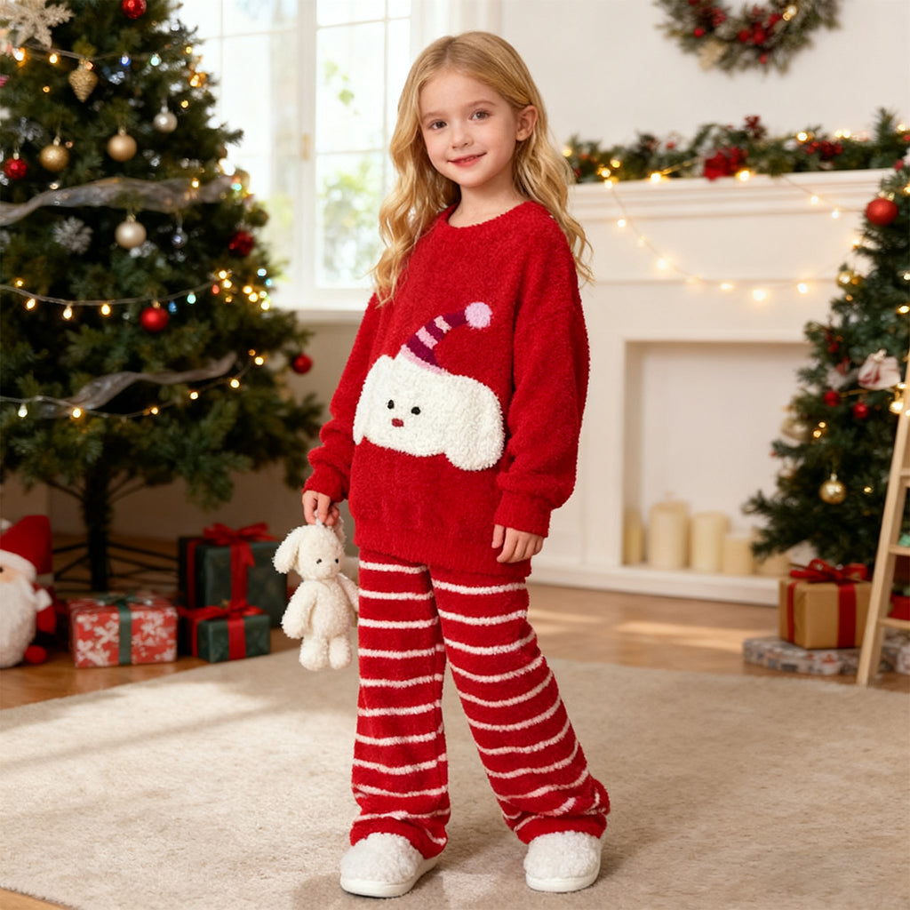 Girls Christmas Sleepwear Red Sweatshirt and Striped Pants for Xmas Eve