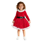 Toddler Baby Girls Santa Dress Red Christmas Long Sleeve Winter Dress with Headwear