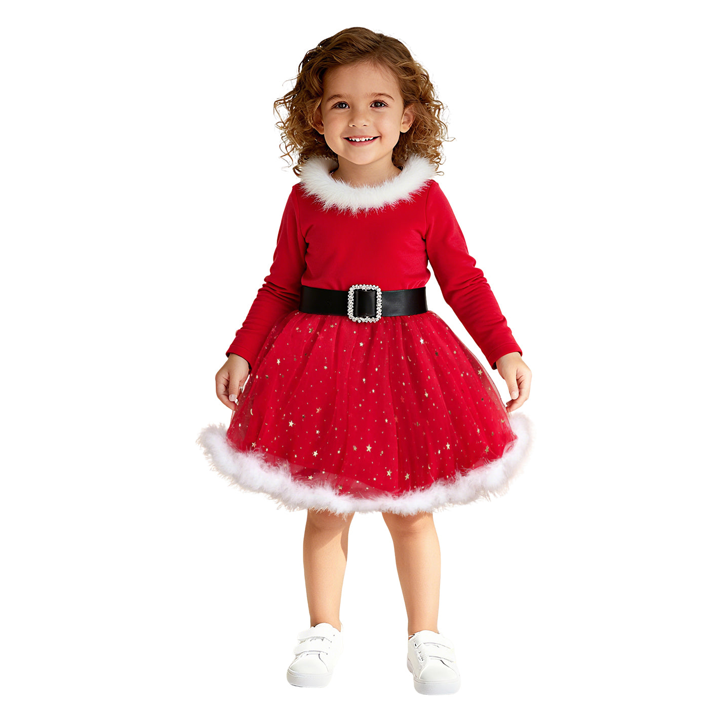 Toddler Baby Girls Santa Dress Red Christmas Long Sleeve Winter Dress with Headwear