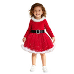 Toddler Baby Girls Santa Dress Red Christmas Long Sleeve Winter Dress with Headwear