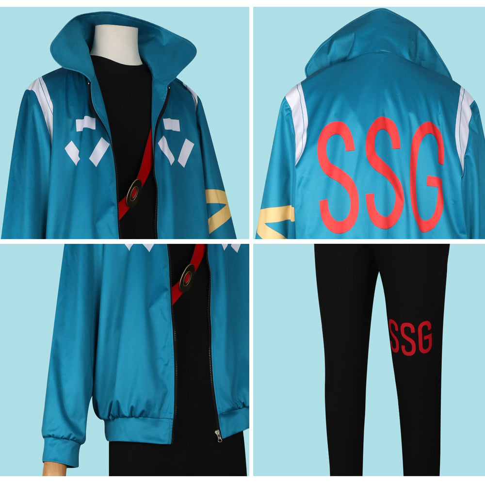 Mens Roronoa Cosplay Costume Straw Pirate Blue Jumpsuit Jacket and Gloves Full Set