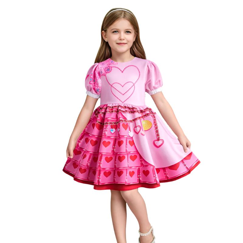 Girls Queen of Hearts Costume Princess Bridget Pink Dress and Wig for Halloween Carnival