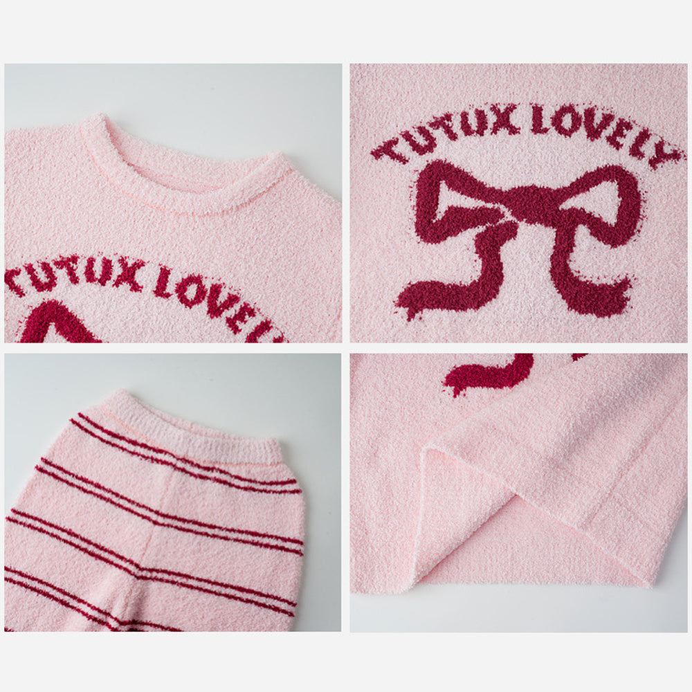 Girls Holiday Christmas Pajamas Soft Pink Sherpa Top with Striped Pants for Homewear