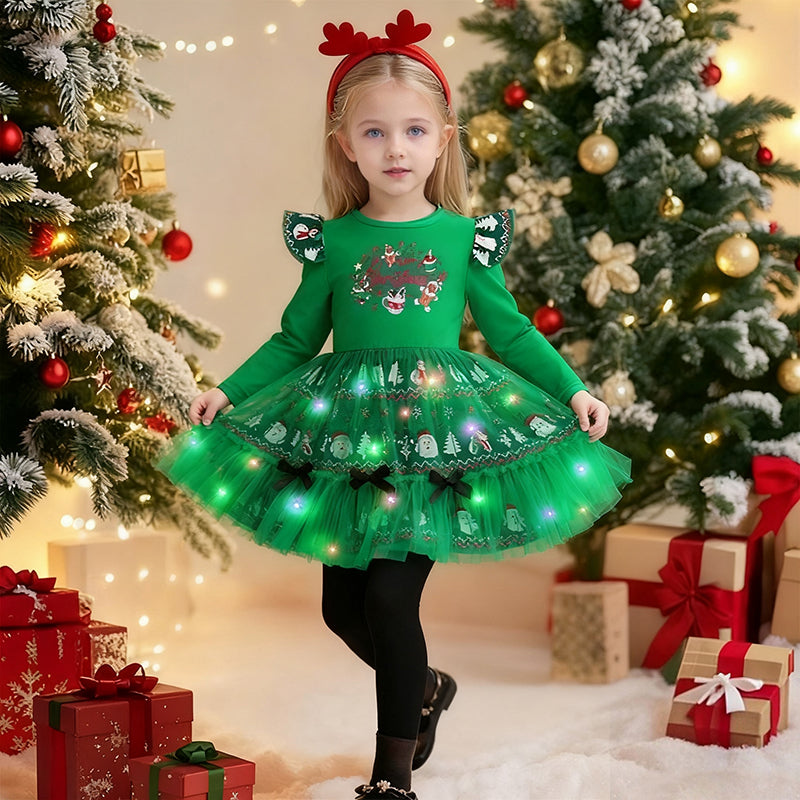 Kids LED Dress Christmas Green Light Up Dress with Headband 2pcs Suit for Party