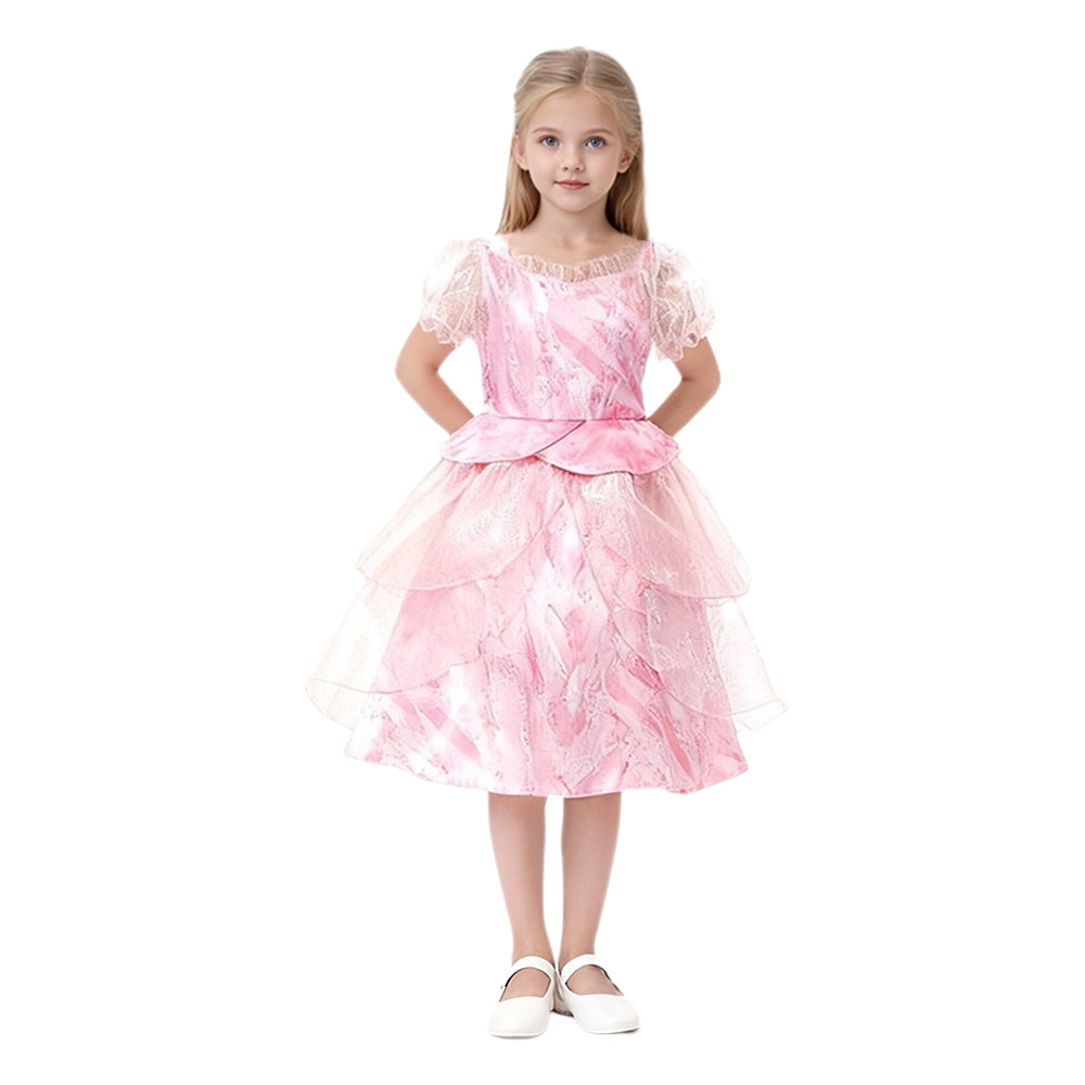 Girls Witch Dress Pink Princess Gown with Sheer Ruffled Sleeves Tiered Tulle Witch Costume
