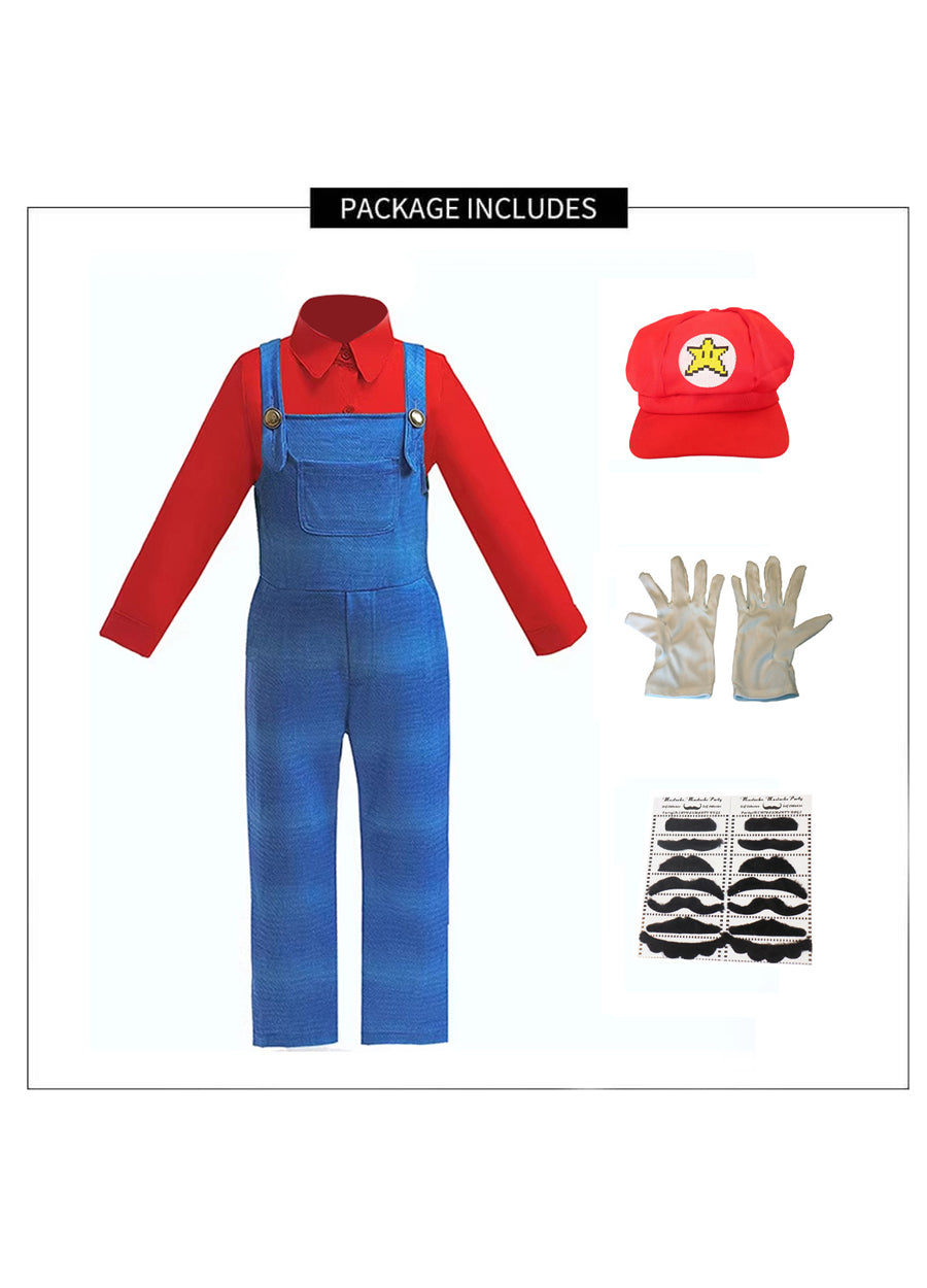 5pcs Super Plumber Brother Costume Shirt Overalls Hat  Gloves and Beard Set for Themed Party