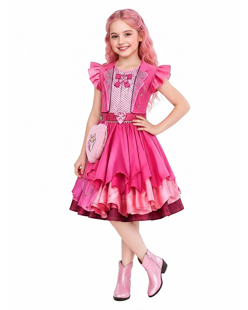 Girls Wonderland Red Princess Costume 3D Print Pink Princess Chloe Dress and Bag for Dress-up Party