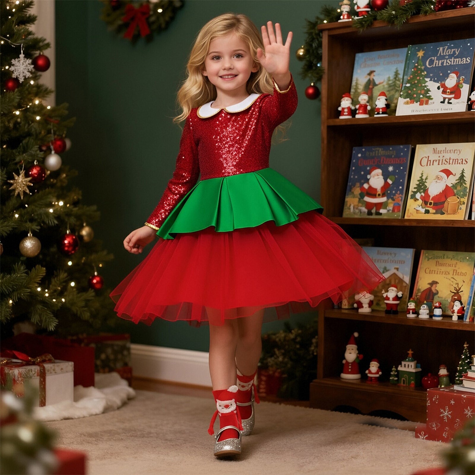 Christmas Dress Ready To Ship Girls Red Ball Gown with Magnetic Hand-holding Socks Best Xmas Gift
