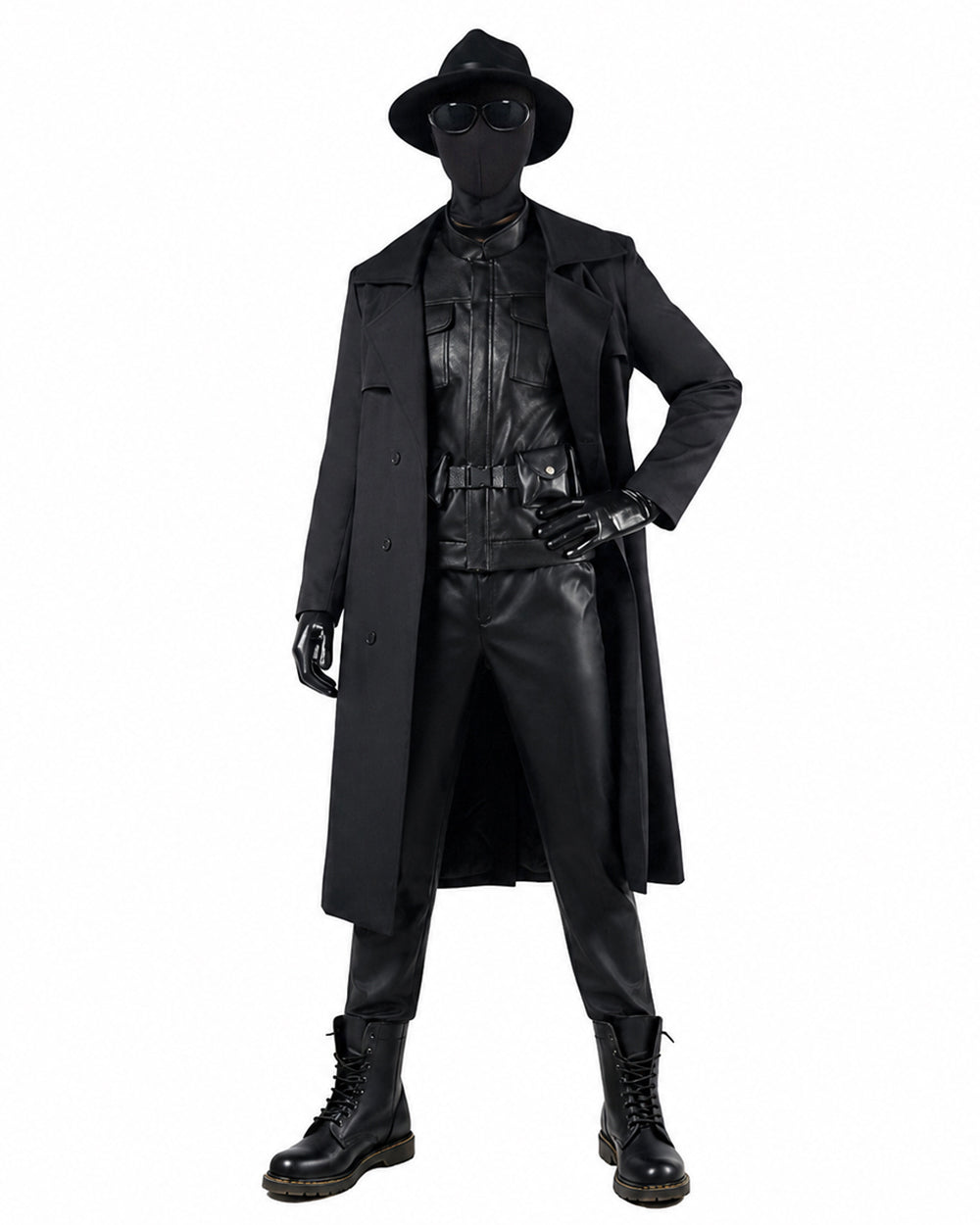 Mens Retro Spider Detective Costume Black Hero Trench Coat with Helmet and Accessories for Cosplay