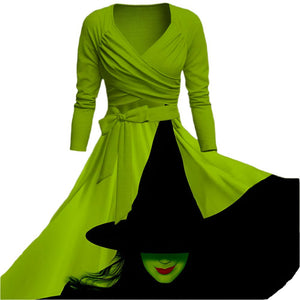 Female Elphaba Costume Green Casual Swing Maxi Dress with Belt for Daily Wear