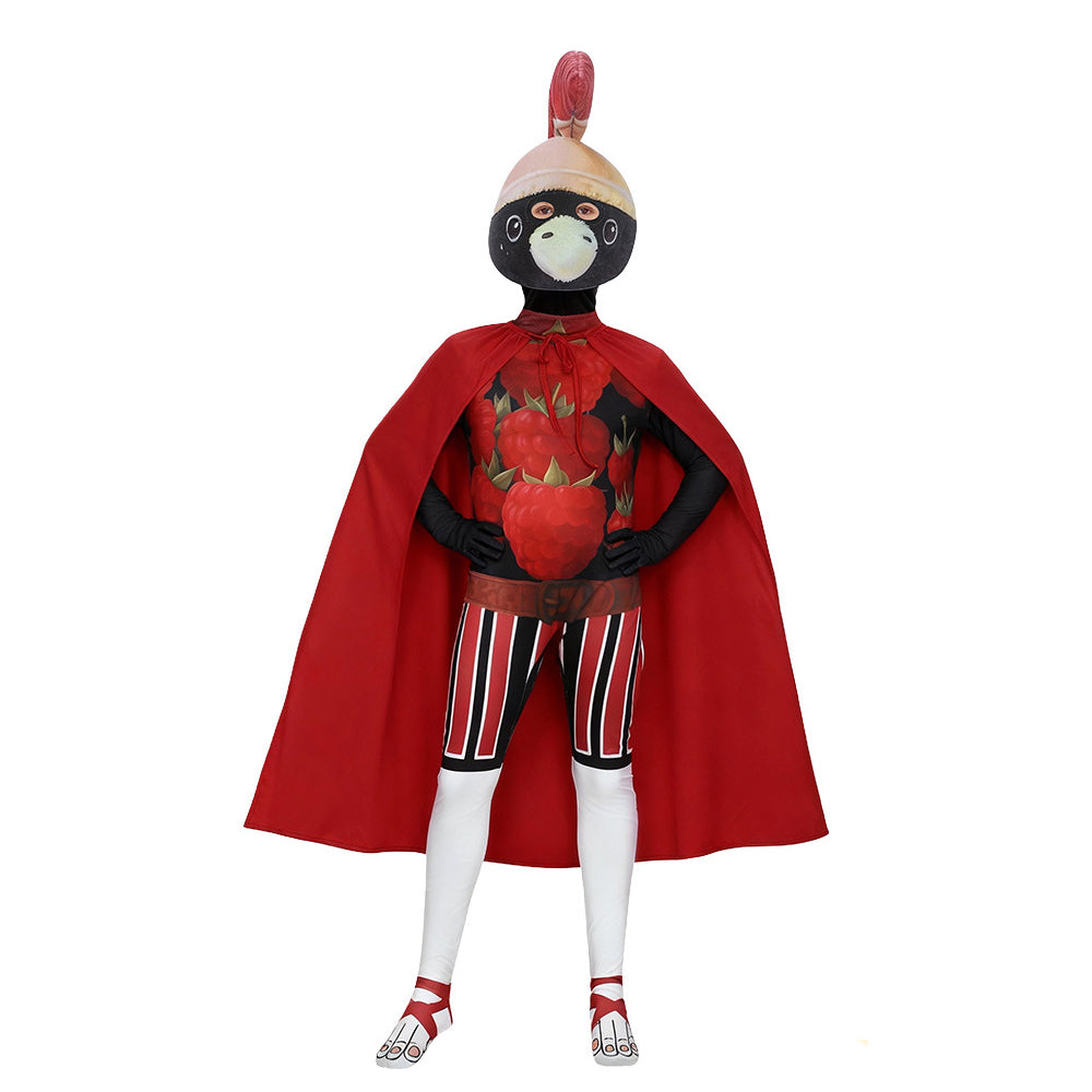 Kids Brainrot Costume Red Brri Brri Jumpsuit Cape and Helmet Set for Cosplay Themed Party