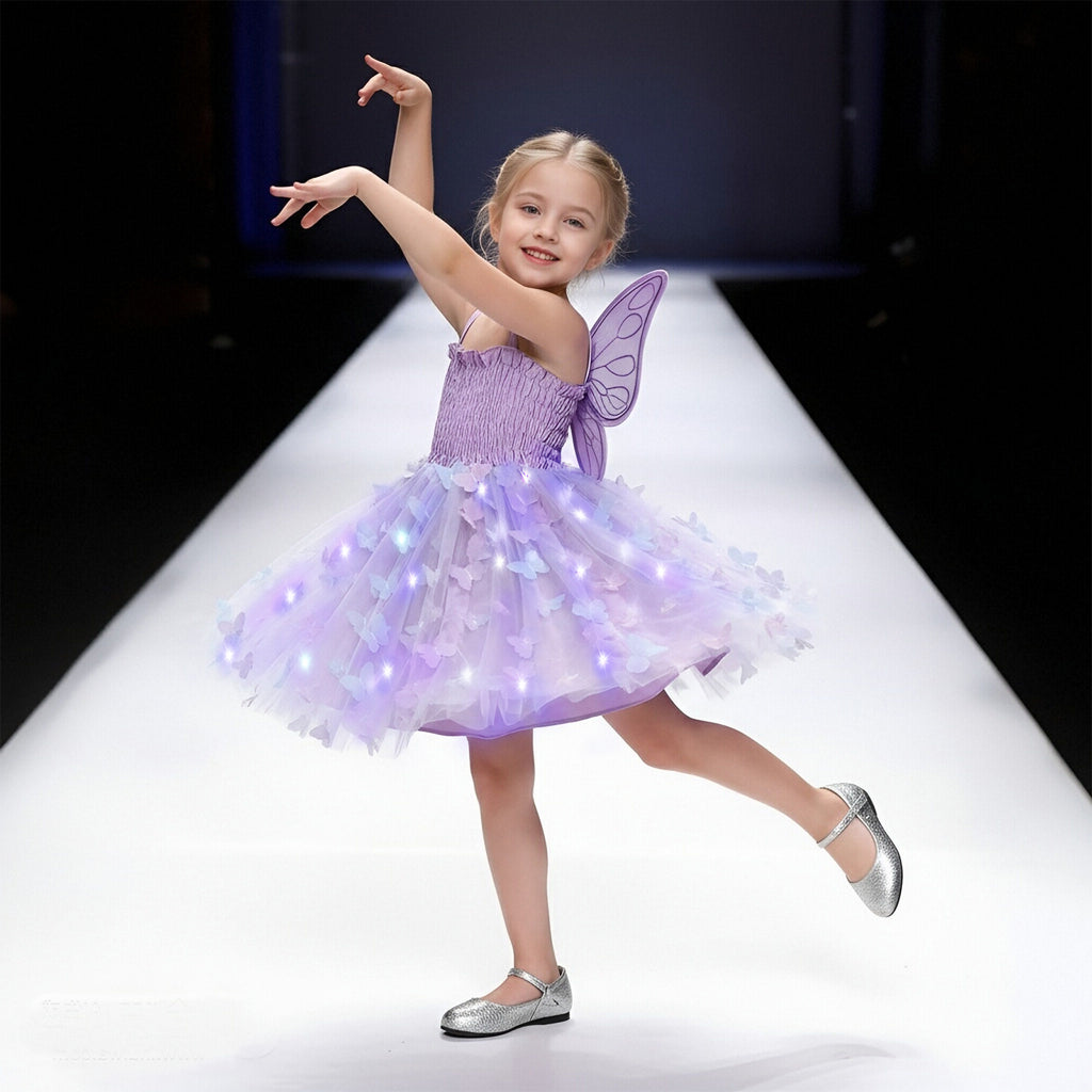 Girls Glow Party Dress Light Up Butterfly Tulle Gown with 3D Wing Sparkly Fairy Costume with Colorful Lights