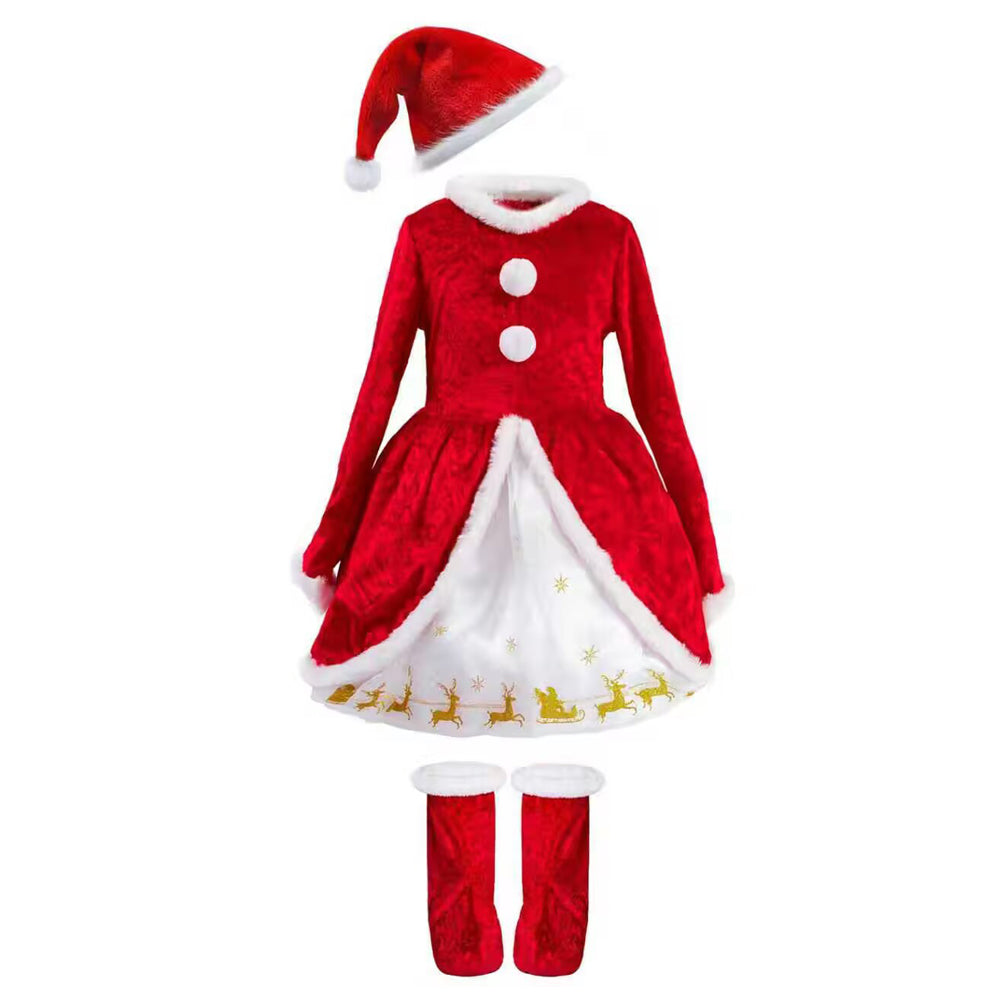 Girls Christmas Dress Soft Velvet Santa Costume Holiday Long Sleeve Party Outfit