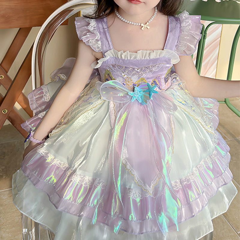 Kids Princess Mermaid Dress Multi Layer Lace Ball Gown Dress with Tulle Bow Veil