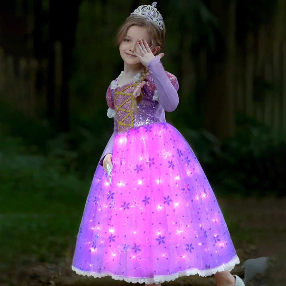 Girls Light Up Princess Dress Pink Puff Sleeve Party Long Dress Ball Gown