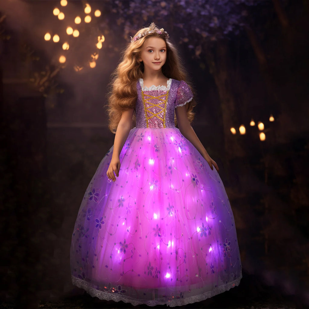 Girls Light Up Princess Dress Pink Puff Sleeve Party Long Dress Ball Gown