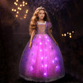 Girls Light Up Princess Dress Pink Puff Sleeve Party Long Dress Ball Gown