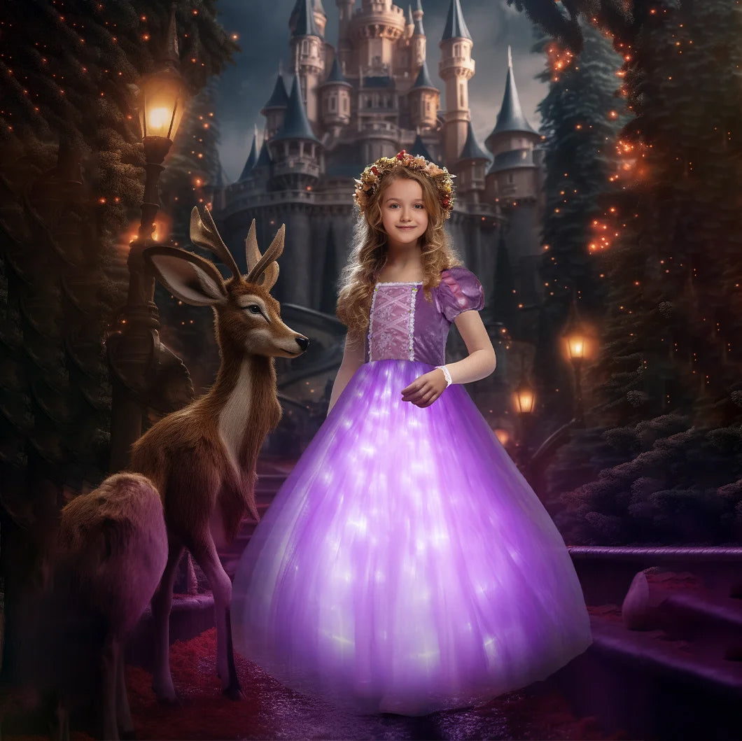 Kids Light Up Dress Long Hair Princess of Corona LED Fancy Costume Birthday Party Outfit