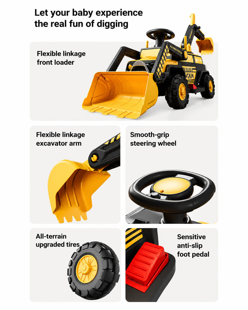 2-in-1 Kids Electric Ride-On Excavator Bulldozer with Early Education Audio and LED Headlights