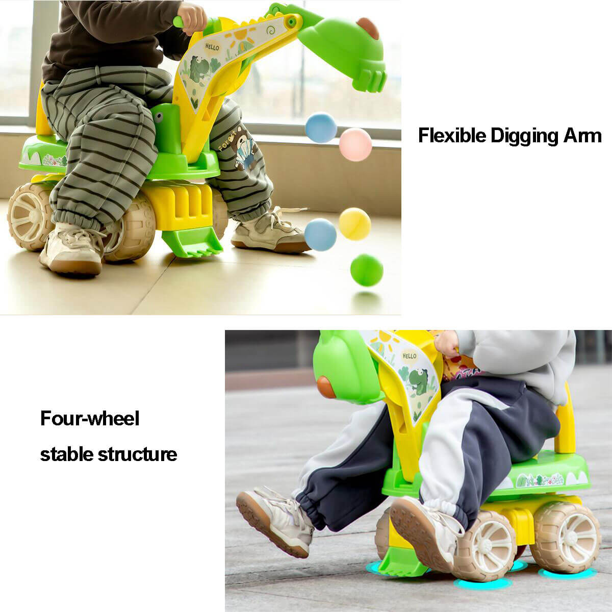 2-in-1 Kids Ride On Excavator Cartoon Dinosaur Ride-On Car With Front Loader Digger & Light Music