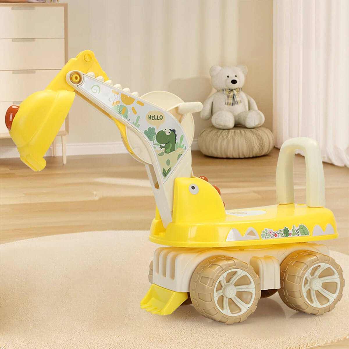 2-in-1 Kids Ride On Excavator Cartoon Dinosaur Ride-On Car With Front Loader Digger & Light Music